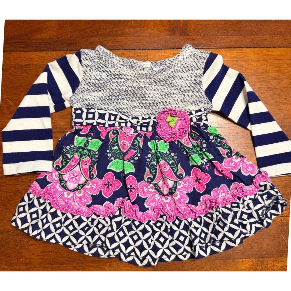 Counting Daisies Girls Dress Pants Set 12M Navy Pink Floral Stripe Ruffle